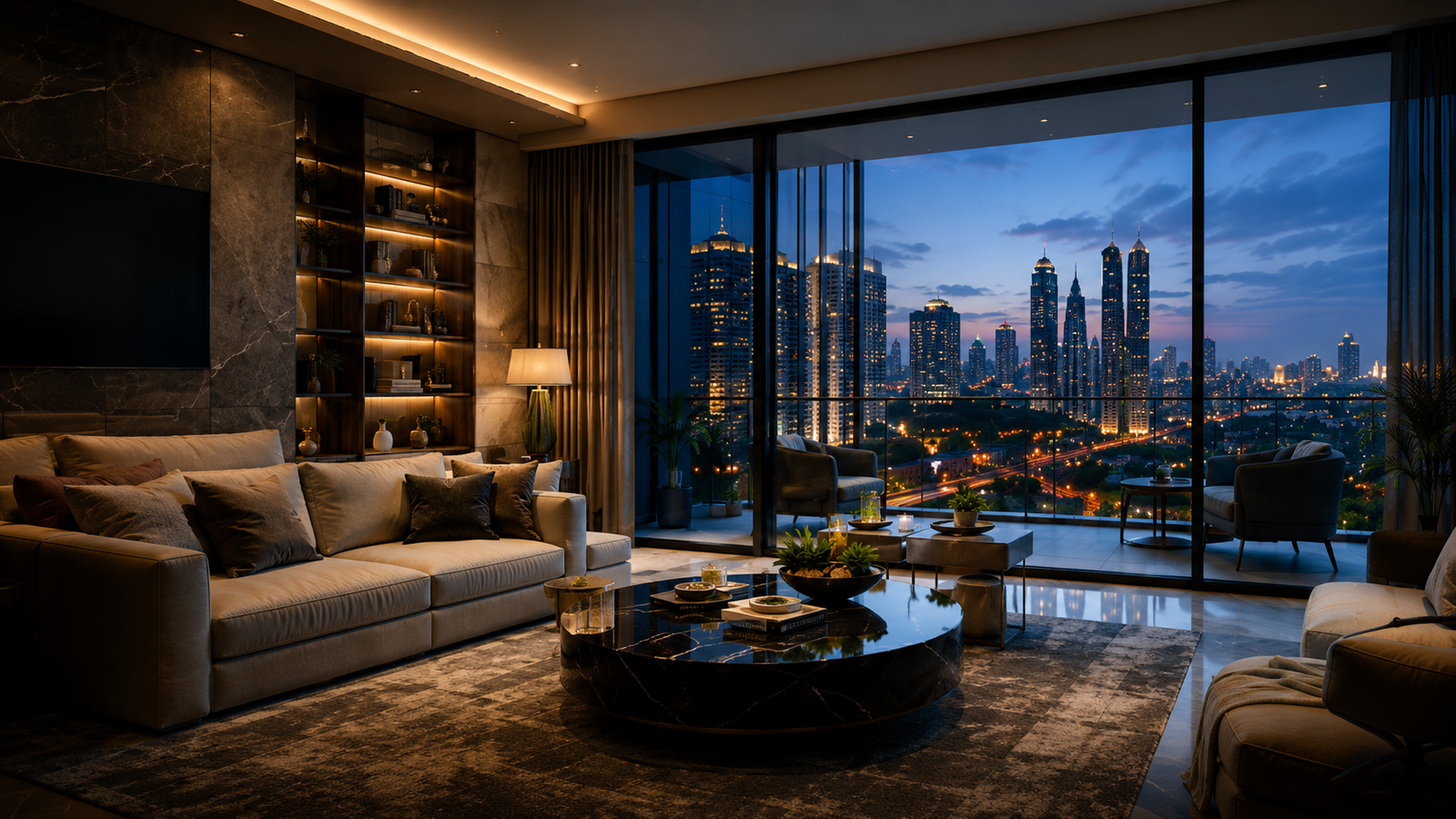 Luxury living room with city skyline view at dusk